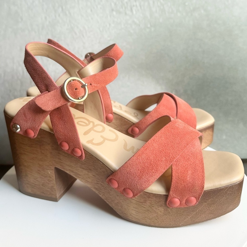 🌸SAM EDELMAN 🌸 Josefina Orange Suede Platform Wooden Sandals Size: 8.5 - Picture 5 of 12